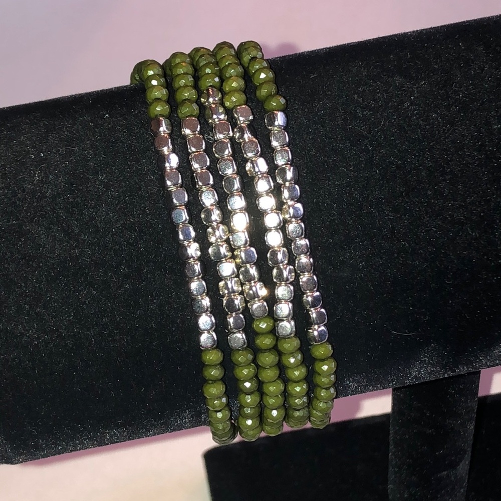 Olive Green and Silver Tone Beaded Boho Bracelet Set